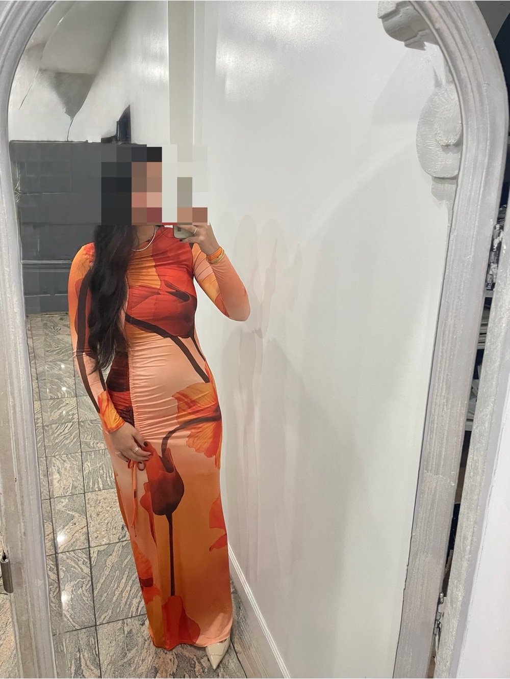 Long Sleeve Orange Floral Bodycon Maxi Dress
